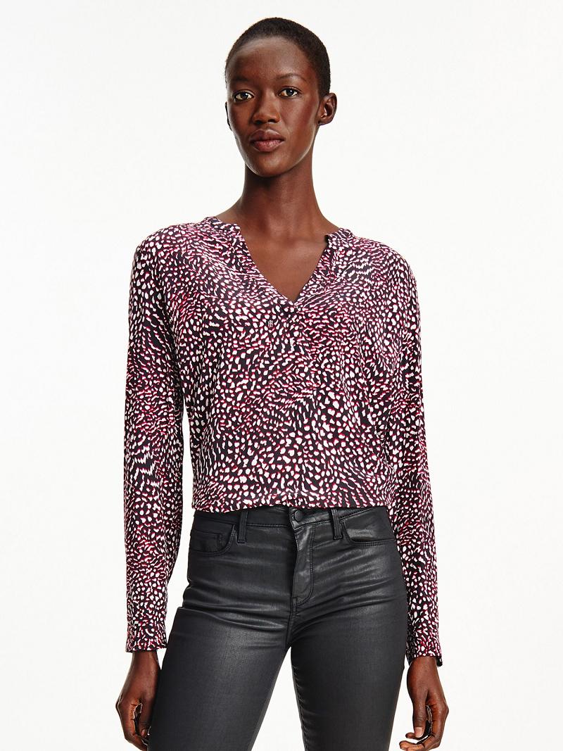 Blouses Tommy Hilfiger V-Neck Print Popover Femme Rouge Blanche Noir | FR_W21022