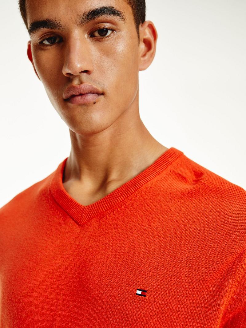 Chandails Tommy Hilfiger Coton cashmere v-neck Homme Orange | FR_M31156