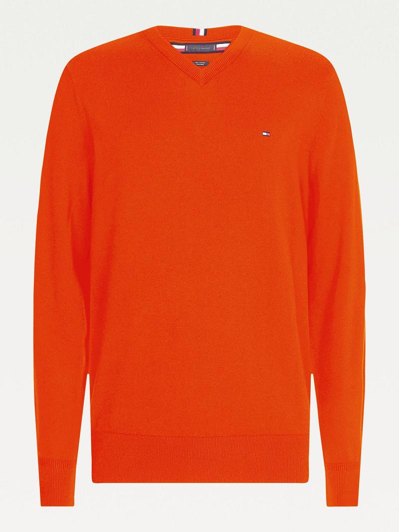 Chandails Tommy Hilfiger Coton cashmere v-neck Homme Orange | FR_M31156