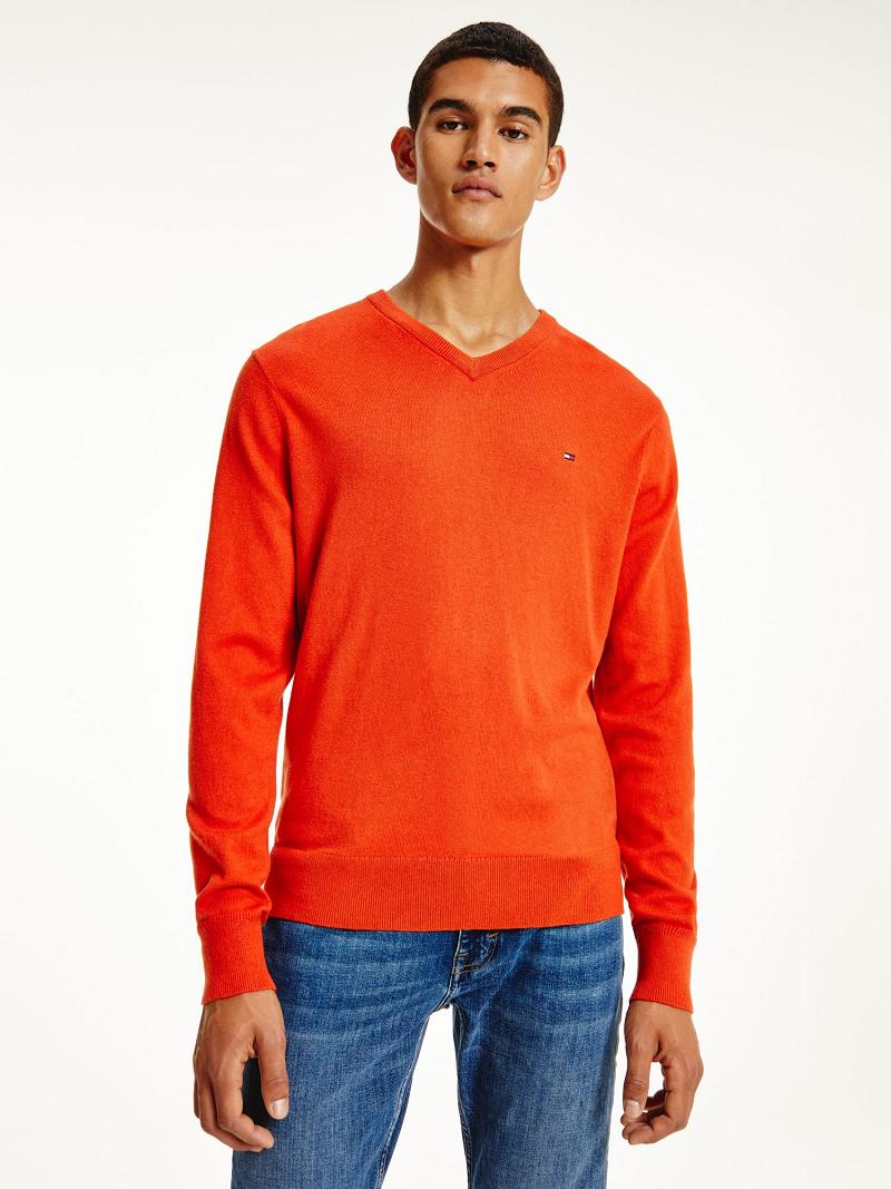 Chandails Tommy Hilfiger Coton cashmere v-neck Homme Orange | FR_M31156