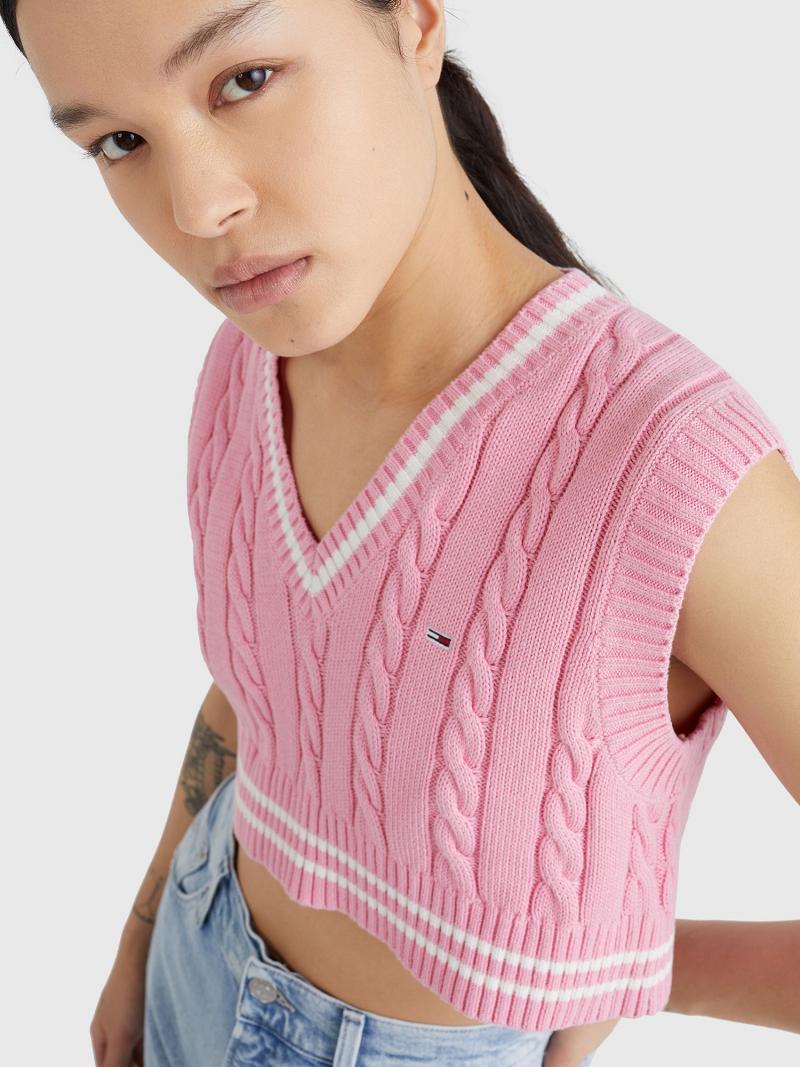 Chandails Tommy Hilfiger Cropped Cable Knit Vest Femme Rose | FR_W21342