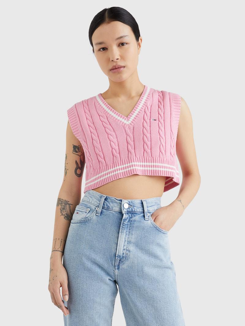 Chandails Tommy Hilfiger Cropped Cable Knit Vest Femme Rose | FR_W21342