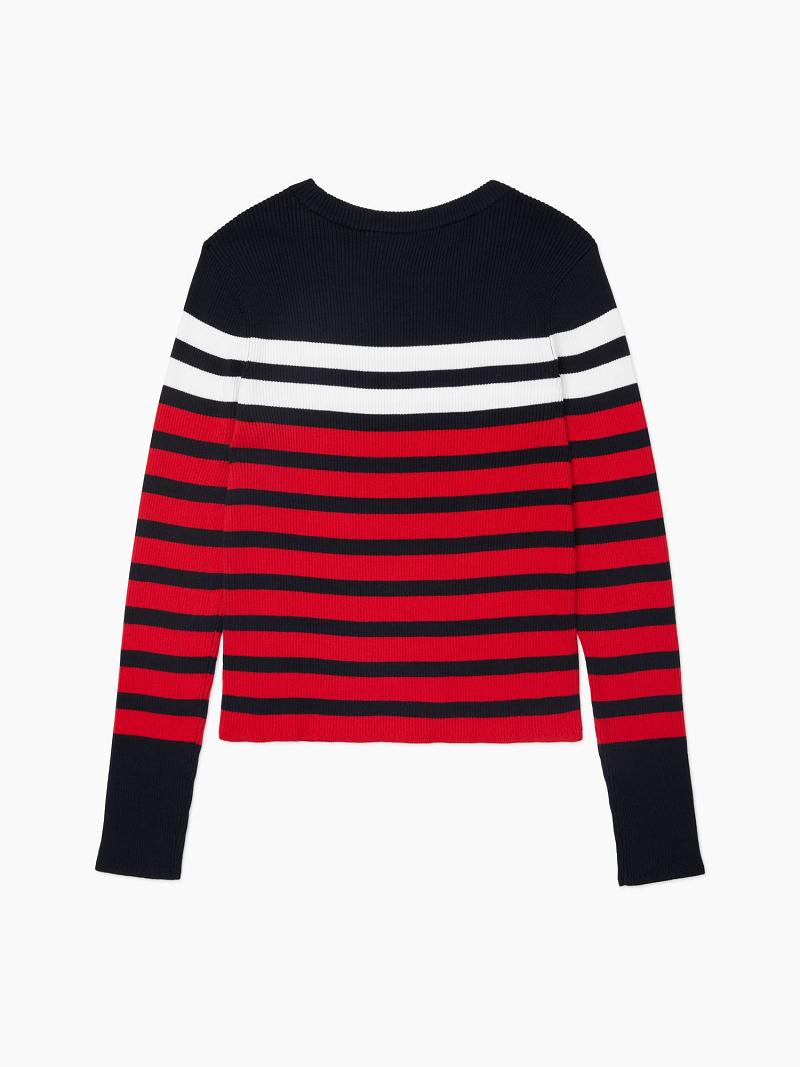 Chandails Tommy Hilfiger Essential Ribbed Stripe Femme Bleu Rouge | FR_W21348