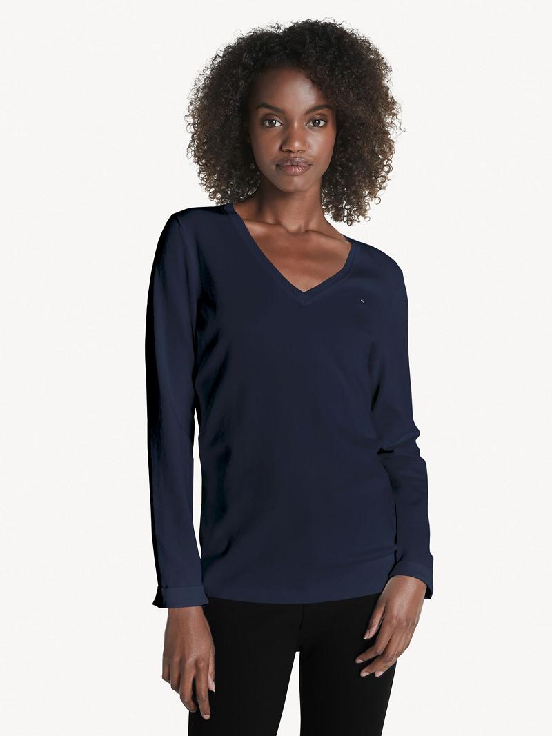 Chandails Tommy Hilfiger Essential Solid V-Neck Femme Bleu Marine | FR_W21351