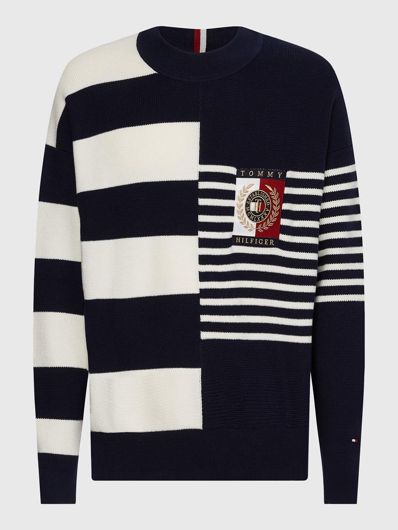 Chandails Tommy Hilfiger Icon mix stripe crewneck Homme Bleu Blanche | FR_M31168