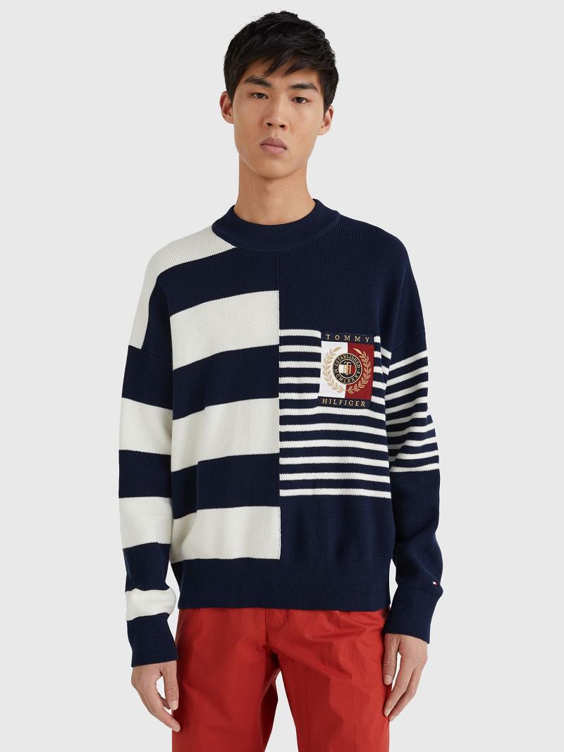 Chandails Tommy Hilfiger Icon mix stripe crewneck Homme Bleu Blanche | FR_M31168