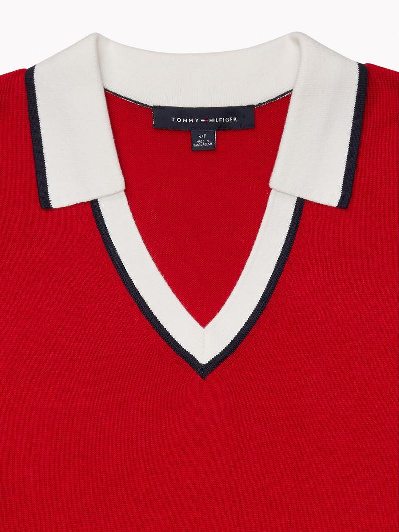 Chandails Tommy Hilfiger Johnny-Collar Femme Rouge | FR_W21355