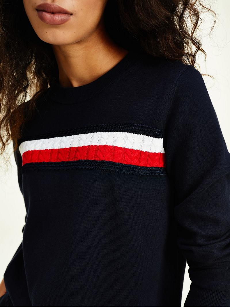 Chandails Tommy Hilfiger Organic Coton Cable Stripe Femme Bleu Marine | FR_W21360