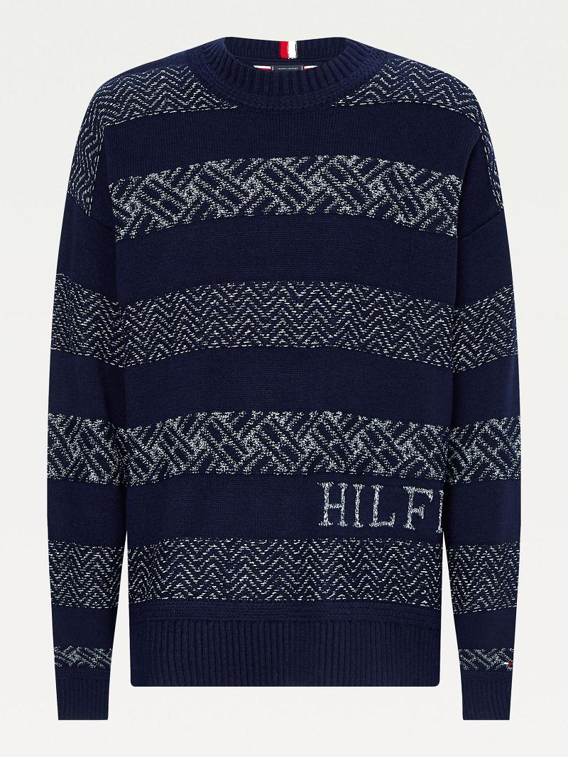 Chandails Tommy Hilfiger Oversized fair isle logo Homme Bleu Marine Blanche | FR_M31169