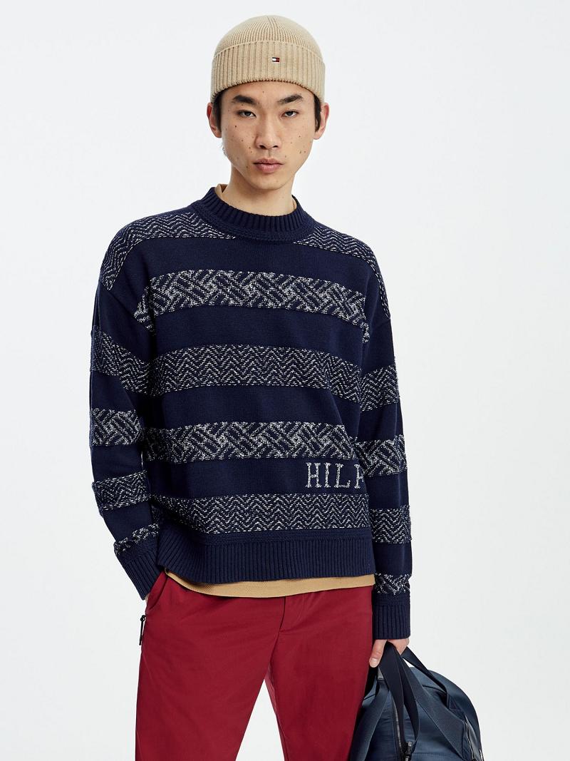 Chandails Tommy Hilfiger Oversized fair isle logo Homme Bleu Marine Blanche | FR_M31169