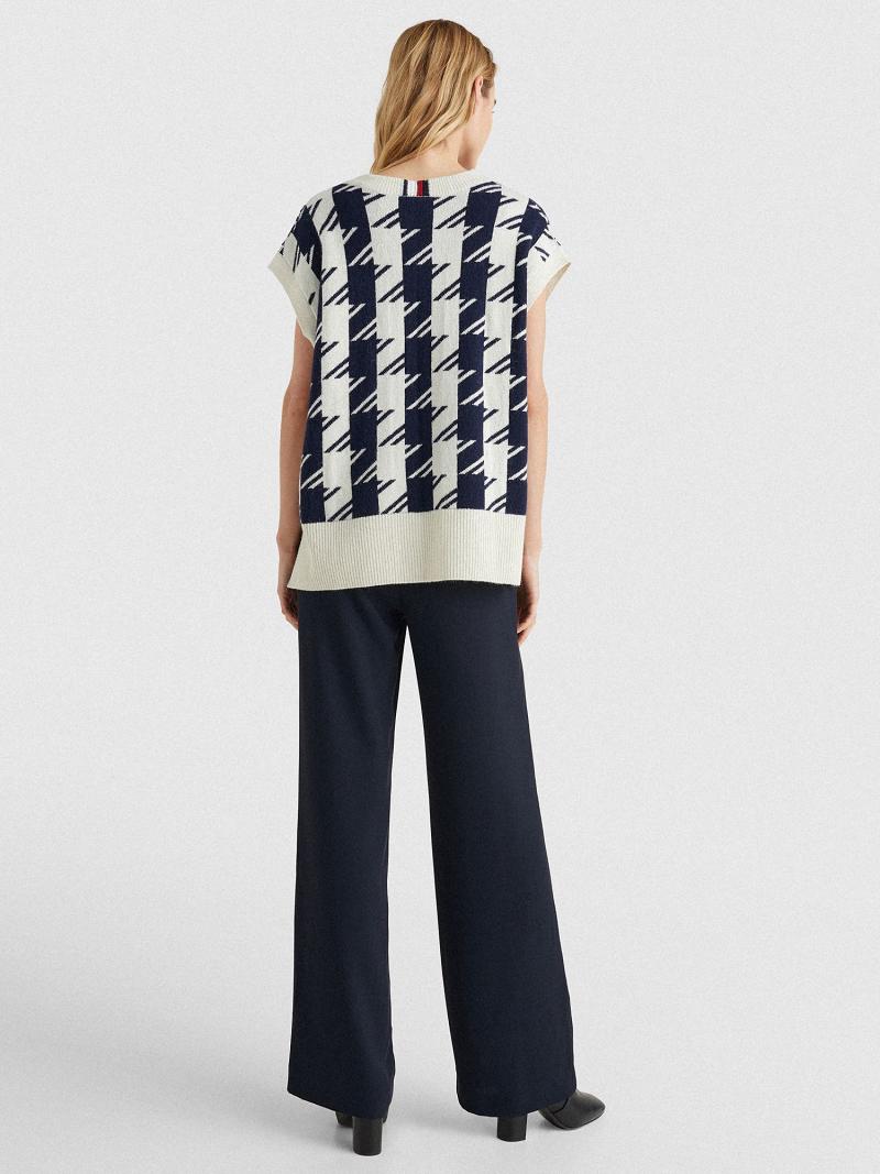 Chandails Tommy Hilfiger Relaxed Fit Houndstooth Vest Femme Blanche Bleu | FR_W21363