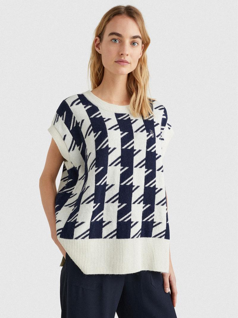 Chandails Tommy Hilfiger Relaxed Fit Houndstooth Vest Femme Blanche Bleu | FR_W21363