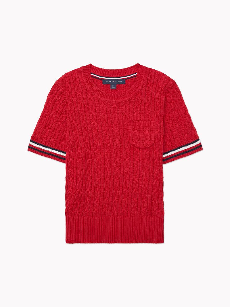 Chandails Tommy Hilfiger Stripe Cable Knit Femme Rouge | FR_W21368