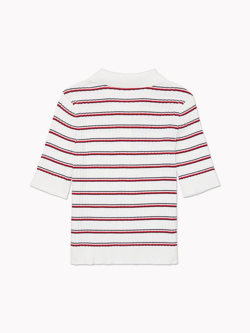 Chandails Tommy Hilfiger Stripe Knit Polo Cardigan Femme Blanche | FR_W21370