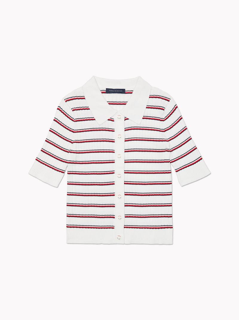 Chandails Tommy Hilfiger Stripe Knit Polo Cardigan Femme Blanche | FR_W21370