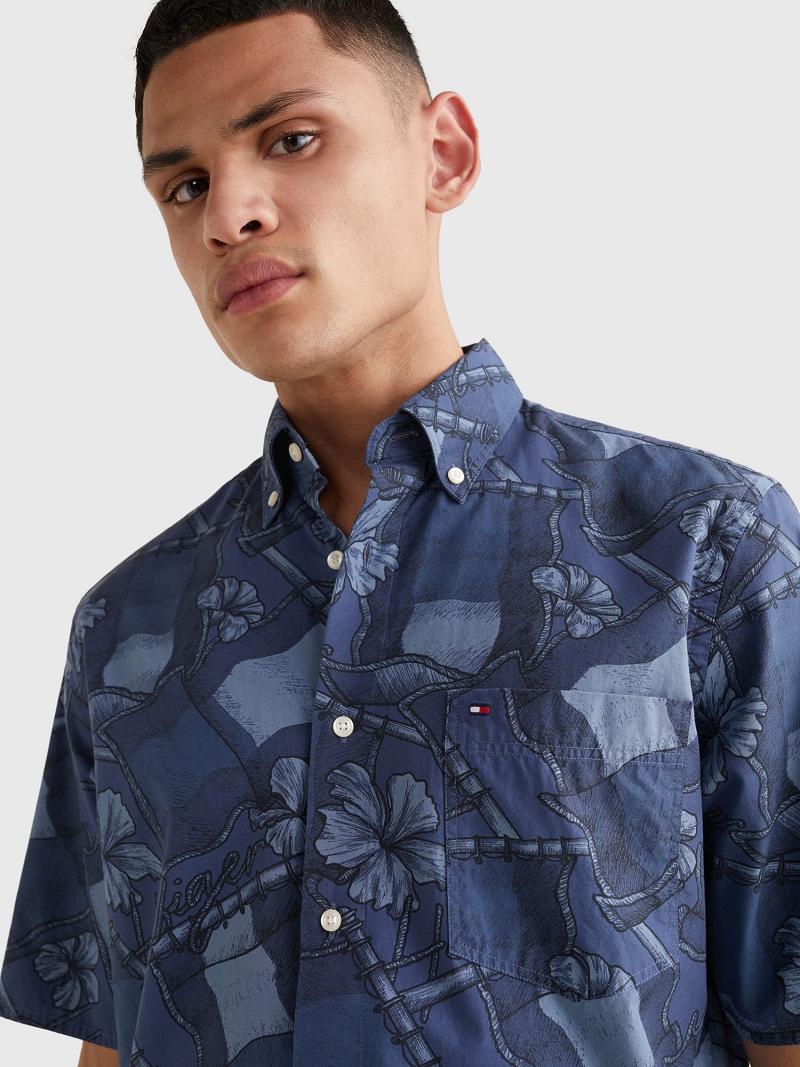 Chemises Tommy Hilfiger Décontractées fit floral flag print Homme Bleu Marine Multicolore | FR_M31234