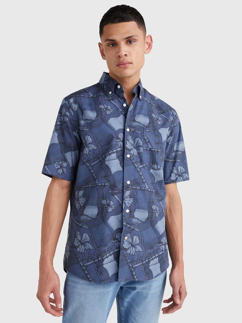 Chemises Tommy Hilfiger Décontractées fit floral flag print Homme Bleu Marine Multicolore | FR_M31234