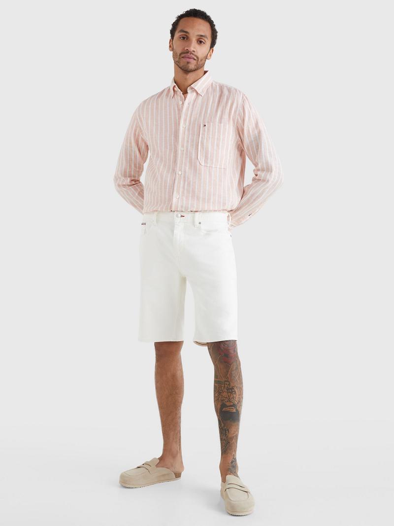 Chemises Tommy Hilfiger Décontractées fit stripe linen Homme Blanche Rose | FR_M31235