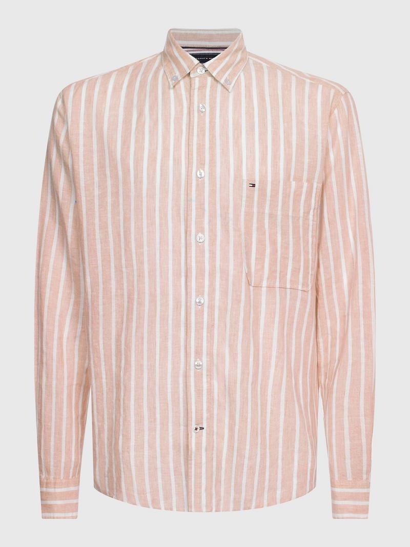 Chemises Tommy Hilfiger Décontractées fit stripe linen Homme Blanche Rose | FR_M31235