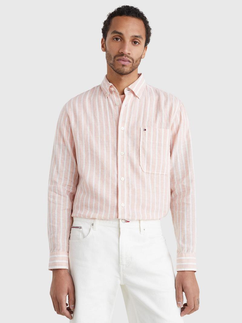 Chemises Tommy Hilfiger Décontractées fit stripe linen Homme Blanche Rose | FR_M31235