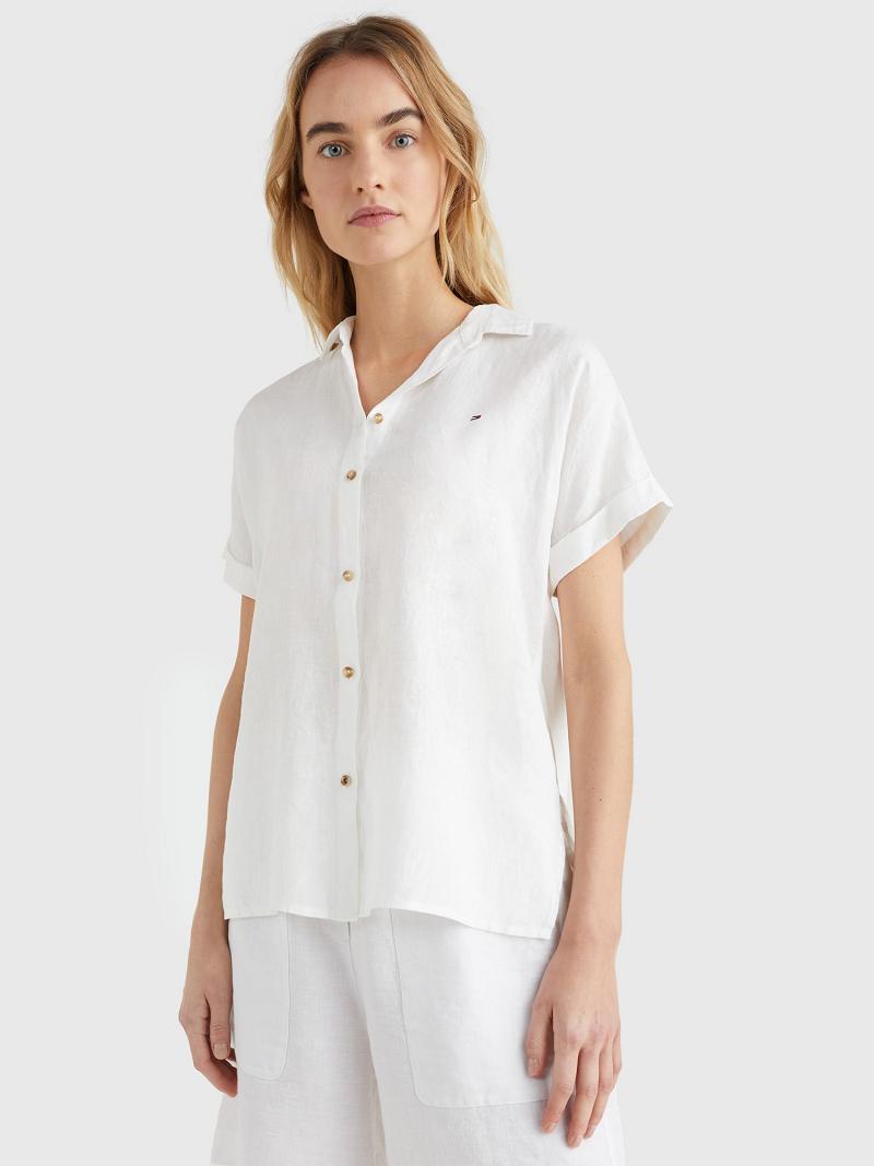 Chemises Tommy Hilfiger Linen Corta-Sleeve Femme Blanche | FR_W21286