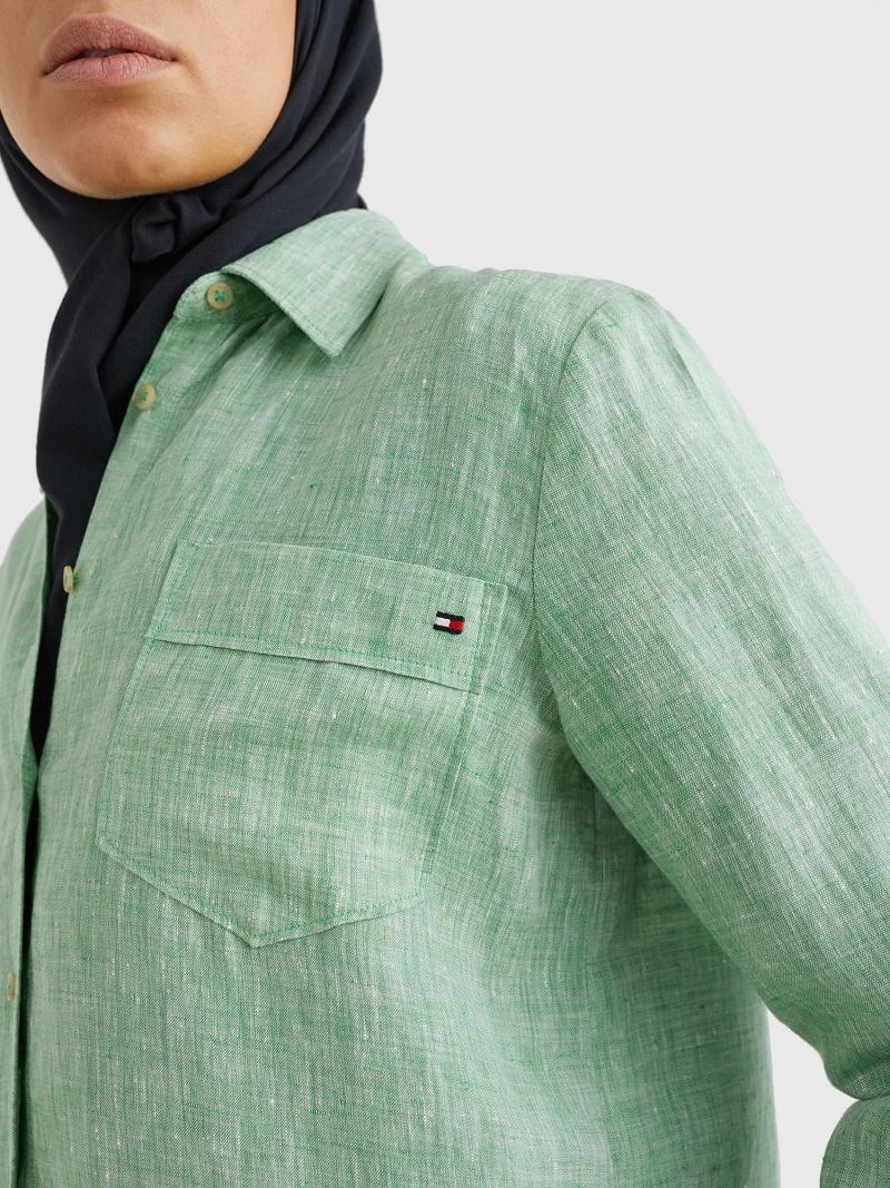 Chemises Tommy Hilfiger Linen Long-Sleeve Femme Vert | FR_W21285