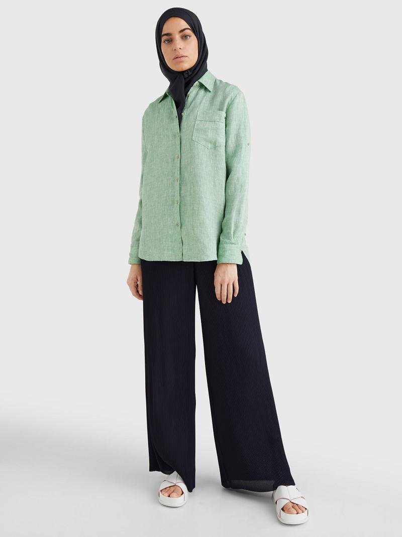 Chemises Tommy Hilfiger Linen Long-Sleeve Femme Vert | FR_W21285