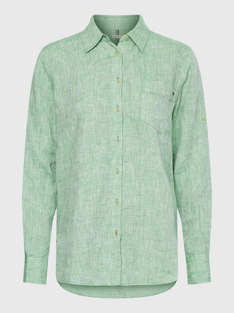 Chemises Tommy Hilfiger Linen Long-Sleeve Femme Vert | FR_W21285