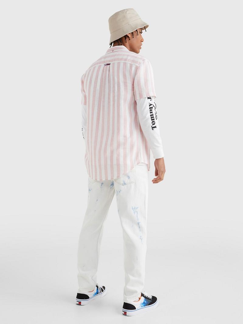 Chemises Tommy Hilfiger Linen mix stripe Homme Rose Blanche | FR_M31262