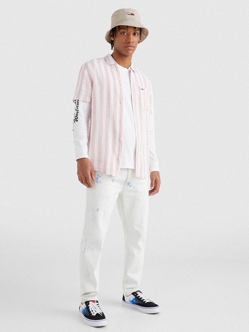 Chemises Tommy Hilfiger Linen mix stripe Homme Rose Blanche | FR_M31262