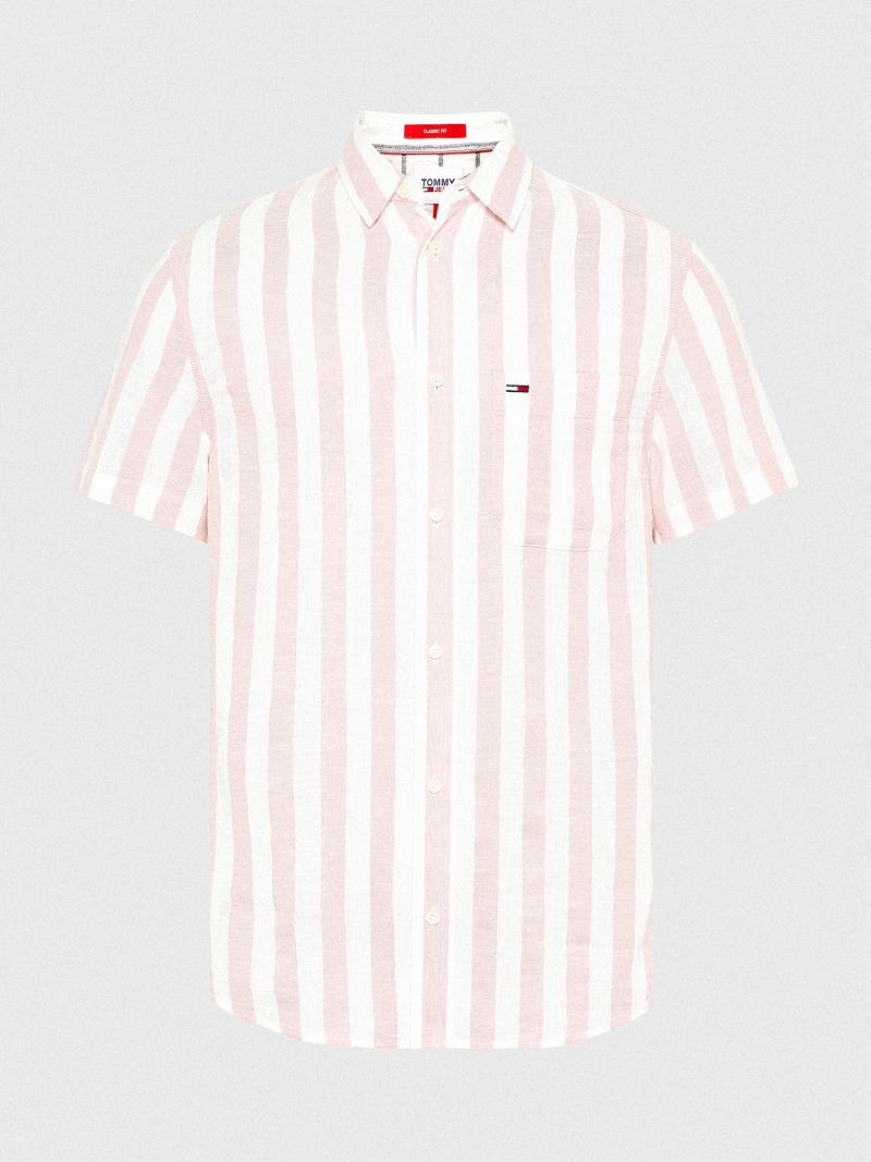 Chemises Tommy Hilfiger Linen mix stripe Homme Rose Blanche | FR_M31262