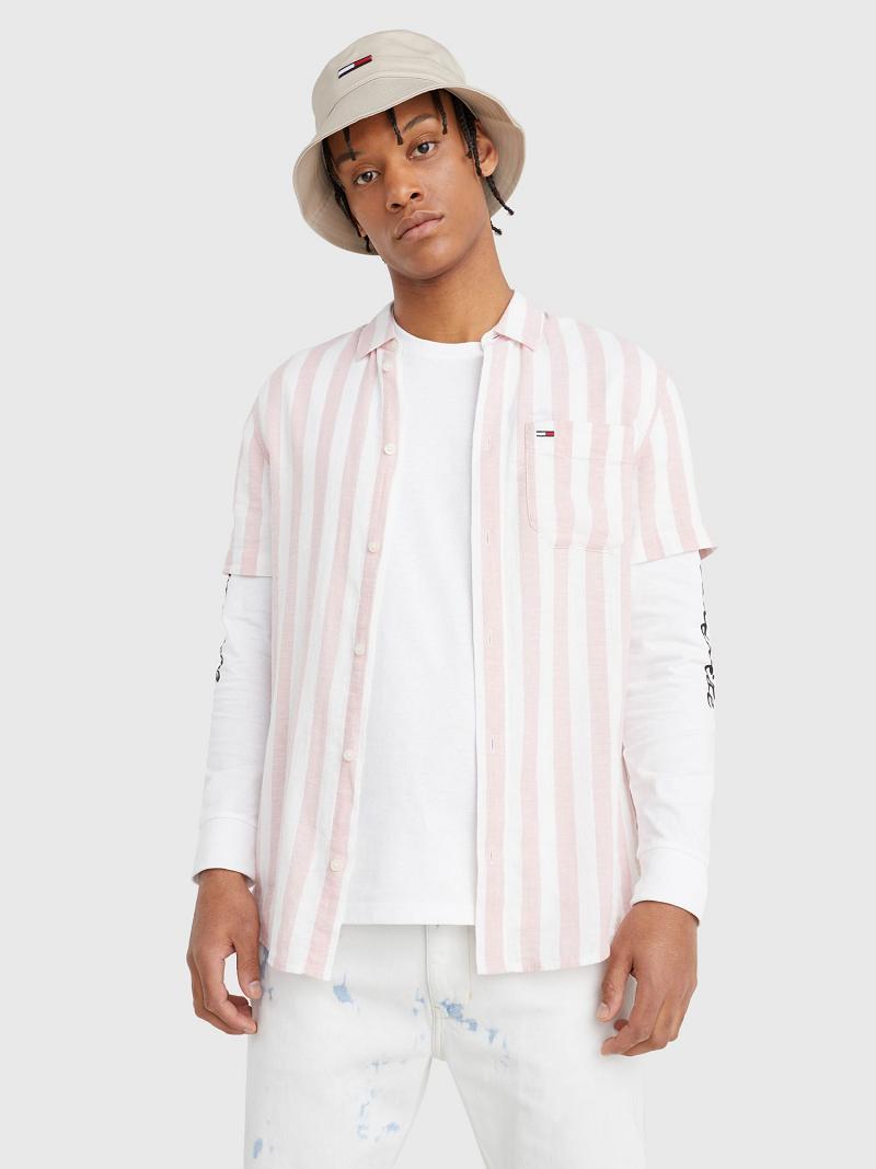 Chemises Tommy Hilfiger Linen mix stripe Homme Rose Blanche | FR_M31262