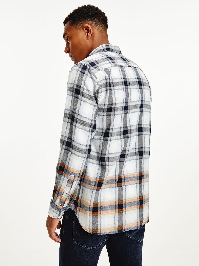 Chemises Tommy Hilfiger Oversized cotton and linen check Homme Grise Blanche | FR_M31263