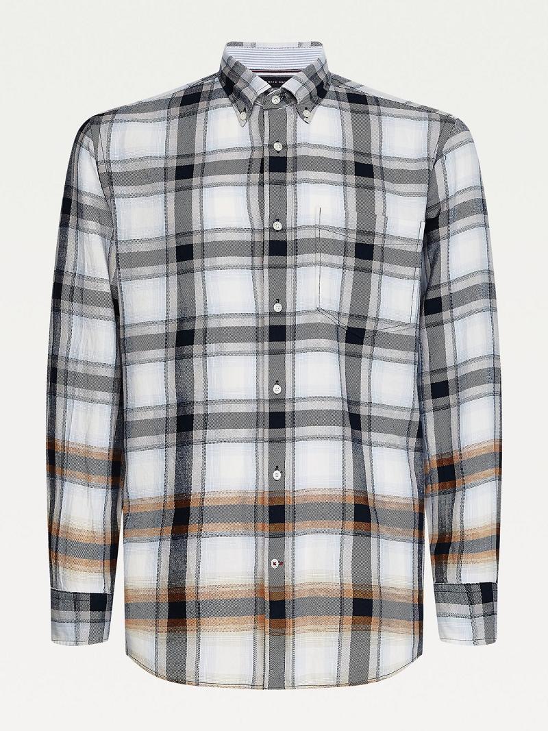 Chemises Tommy Hilfiger Oversized cotton and linen check Homme Grise Blanche | FR_M31263