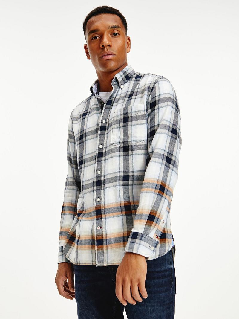 Chemises Tommy Hilfiger Oversized cotton and linen check Homme Grise Blanche | FR_M31263