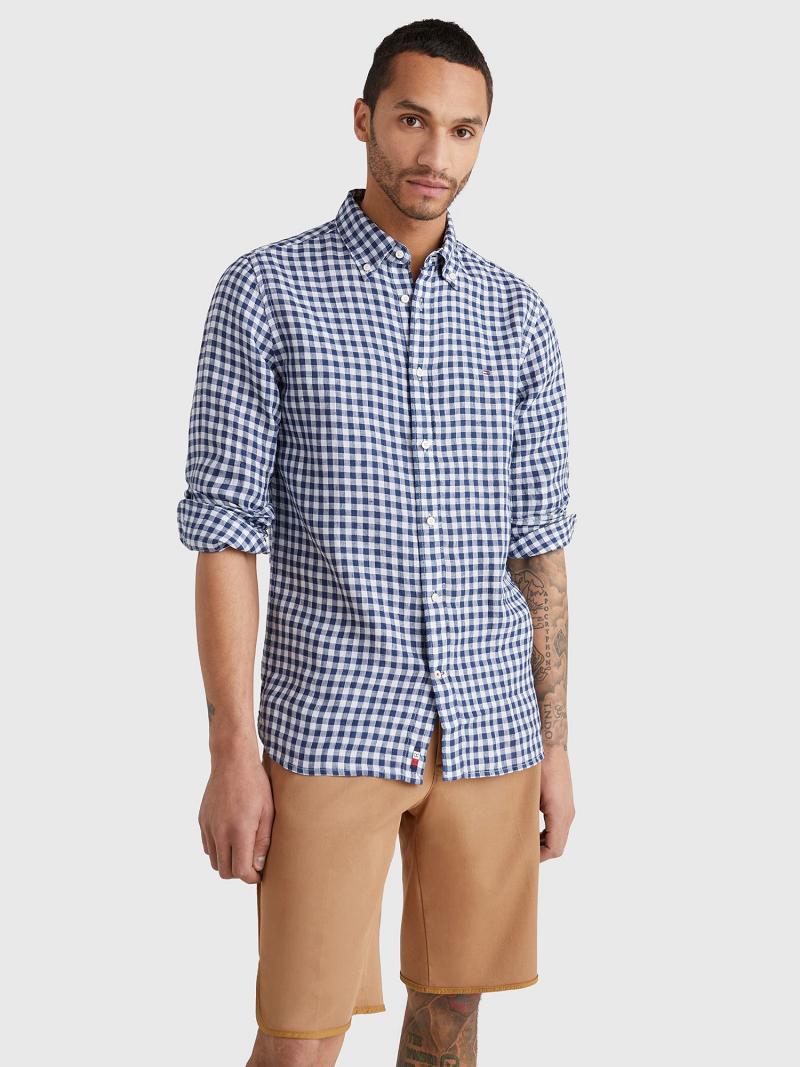 Chemises Tommy Hilfiger Regular fit gingham linen Homme Bleu | FR_M31271