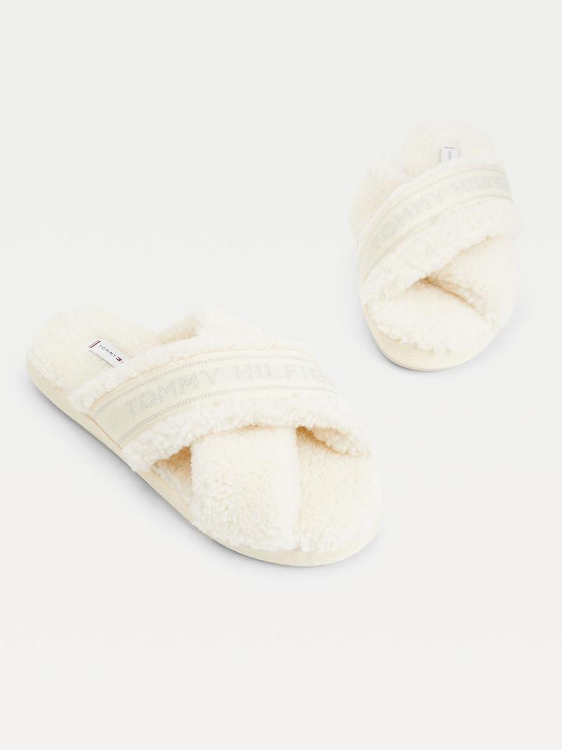 Claquette Tommy Hilfiger Crisscross Sherpa Chaussons Femme Blanche | FR_W21615