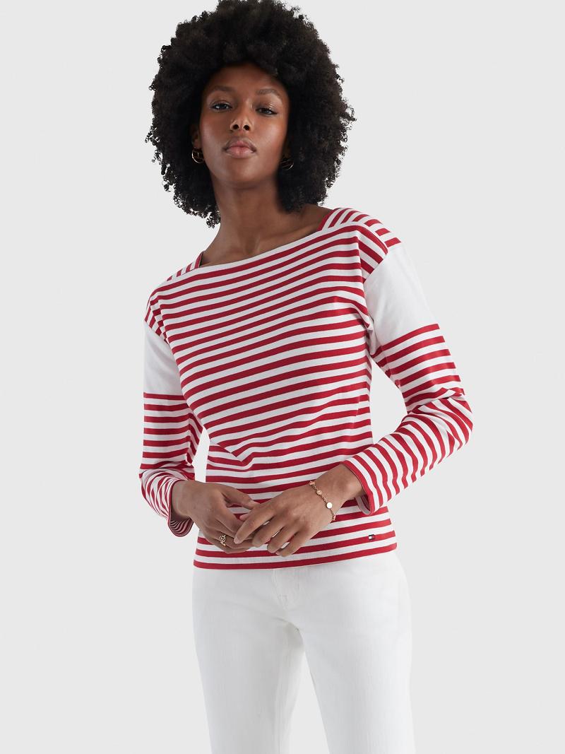 Hauts Tommy Hilfiger Stripe Square-Neck Femme Rouge | FR_W21509