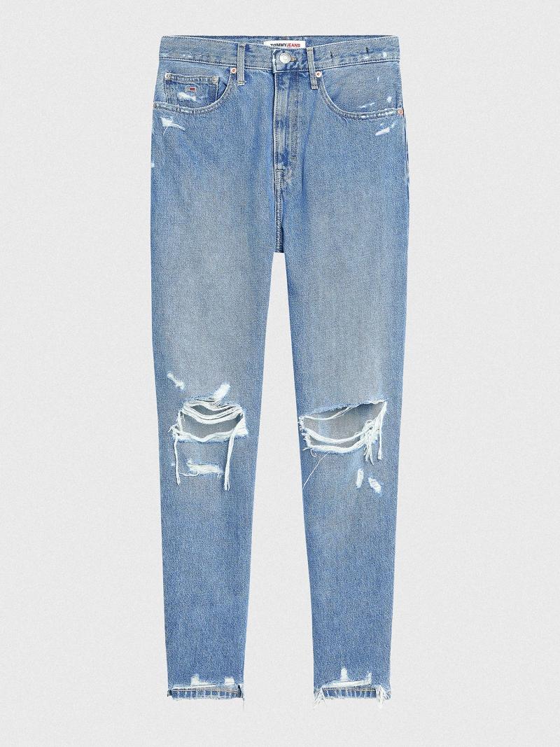 Jean Tommy Hilfiger High Rise Distressed Mom Fit Femme Bleu | FR_W21195