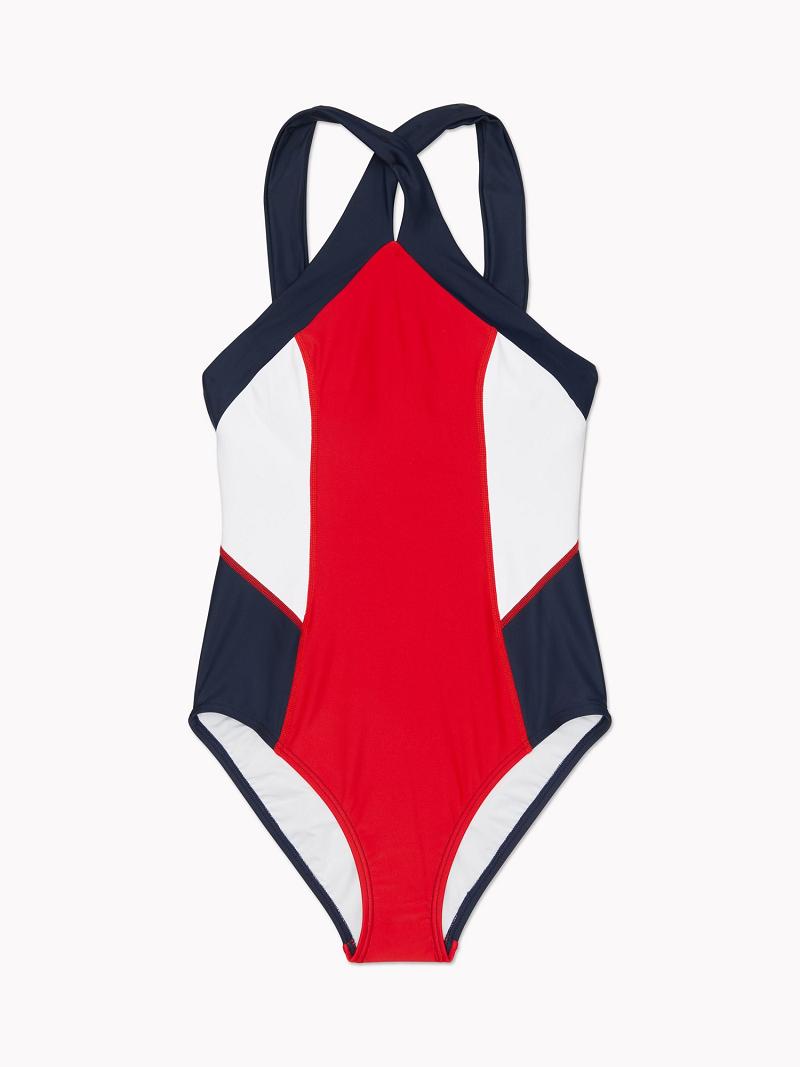 Maillots De Bain Tommy Hilfiger Halter Colorblock One-Piece Femme Rouge | FR_W21420