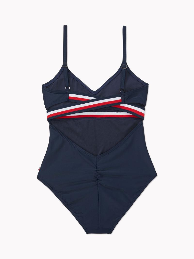 Maillots De Bain Tommy Hilfiger Stripe Cut-Out One-Piece Femme Bleu | FR_W21430