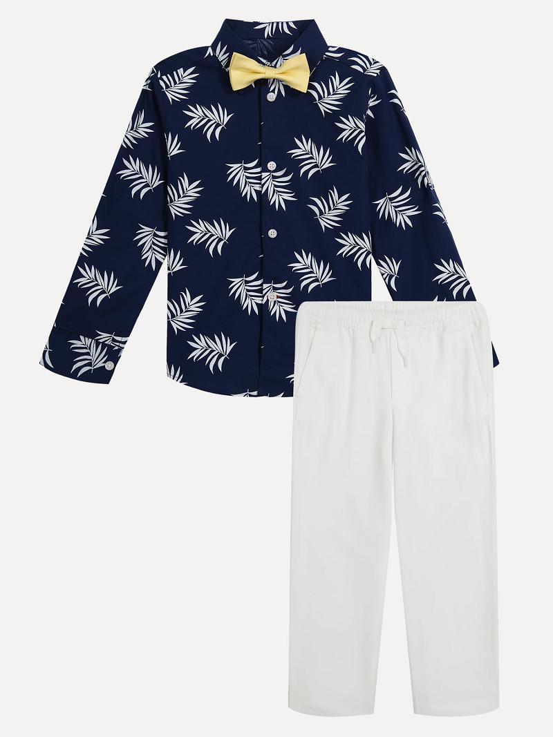 Pantalons Tommy Hilfiger Little Palm Print Shirt, and Bow Tie Set Enfant Bleu | FR_B2221