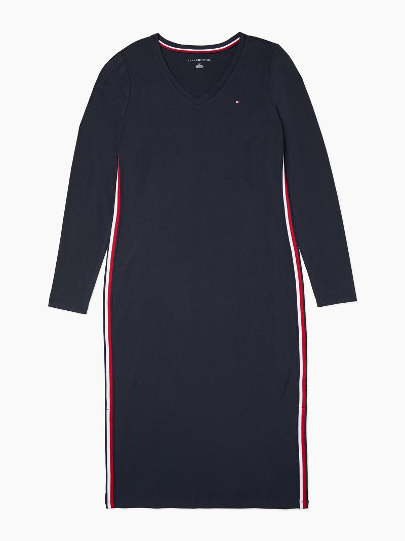 Peignoir Tommy Hilfiger Essential V-Neck Midi Femme Bleu | FR_W21083