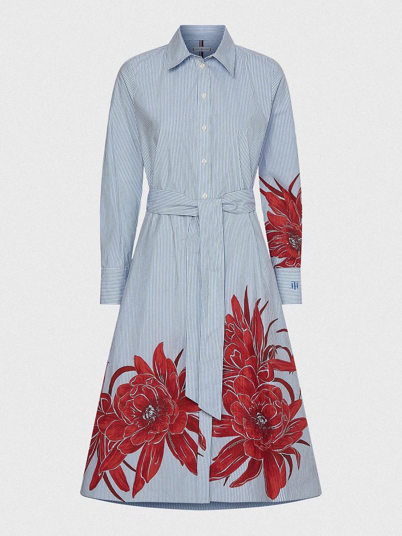 Peignoir Tommy Hilfiger Floral Stripe Midi Shirtdress Femme Bleu | FR_W21091