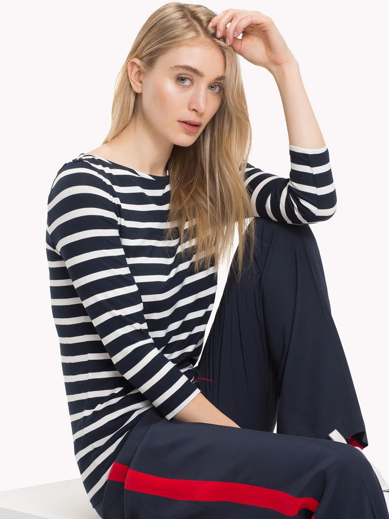 Polos Tommy Hilfiger Bateau Top Femme Bleu Blanche | FR_W21262