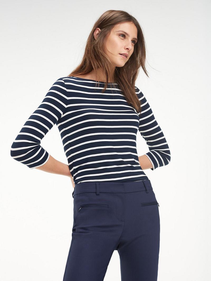 Polos Tommy Hilfiger Bateau Top Femme Bleu Blanche | FR_W21262