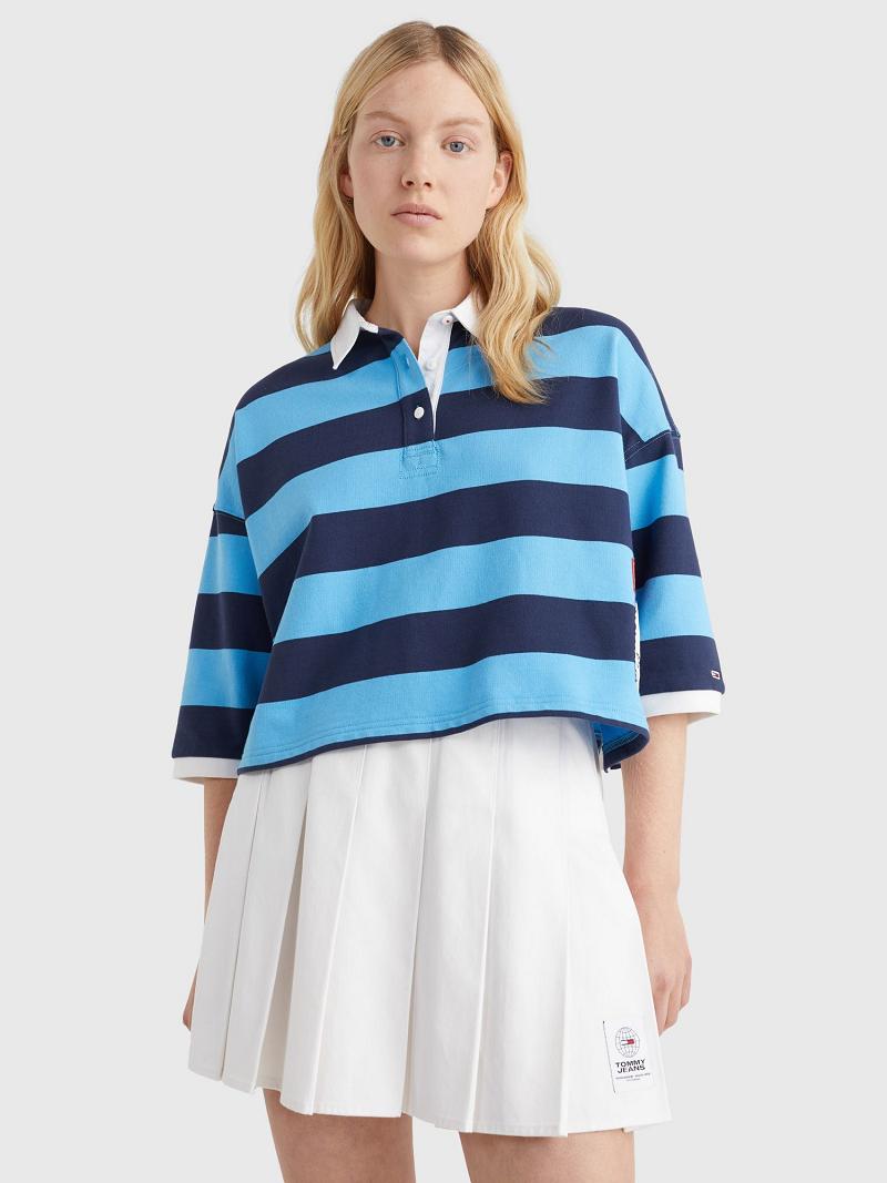 Polos Tommy Hilfiger Cropped Rugby Stripe Femme Bleu Multicolore | FR_W21264