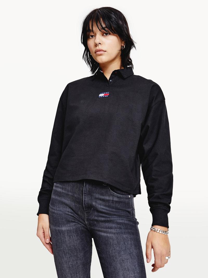 Polos Tommy Hilfiger Organic Coton Badge Long-Sleeve Femme Noir | FR_W21270