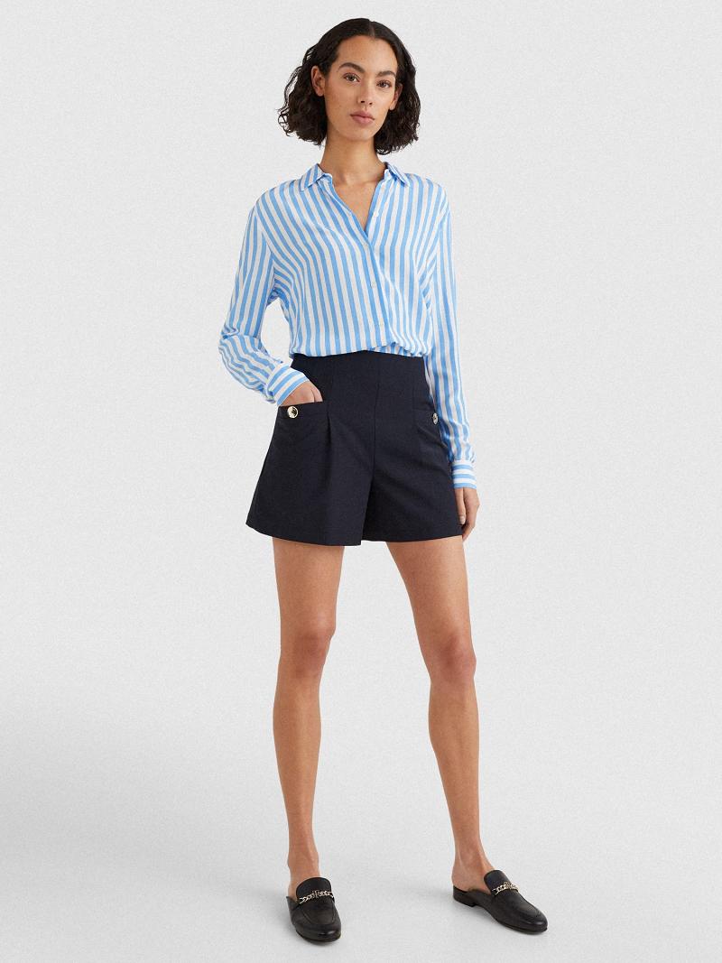 Shorts Tommy Hilfiger Solid Pleated Femme Bleu Marine | FR_W21314