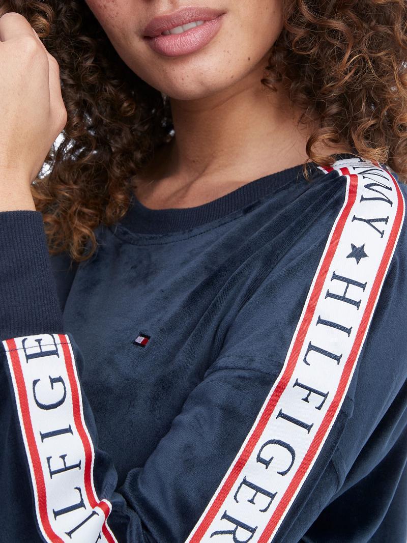 Sweat À Capuche Tommy Hilfiger Logo Tape Fleece Sleep Set Femme Bleu | FR_W21151